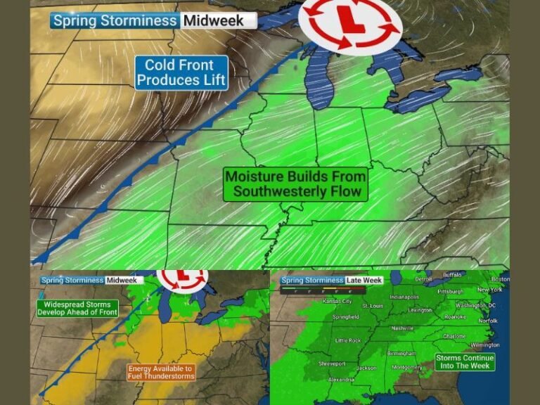 Illinois, Indiana, Ohio, Kentucky, Tennessee, Missouri Storm Pattern Builds Midweek With Cold Front and Gulf Moisture Bringing Days of Thunderstorms
