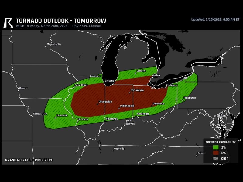 Illinois, Indiana, Ohio and Michigan Enter Thursday Tornado Risk Zone as Forecast Signals Possible Significant Twister and Hail Up to 3 Inches