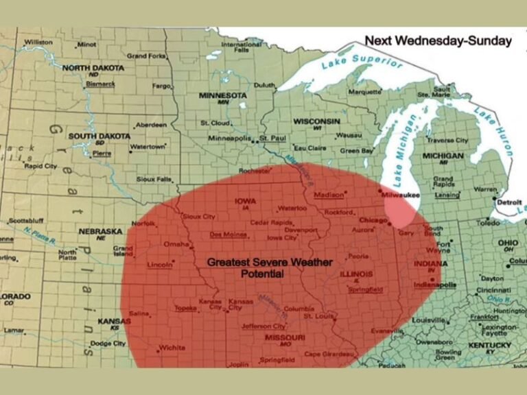 Illinois, Iowa, Missouri, Indiana, Kansas, Nebraska Multi Day Severe Weather Threat Builds From Chicago to Kansas City Through Late Week Stretch