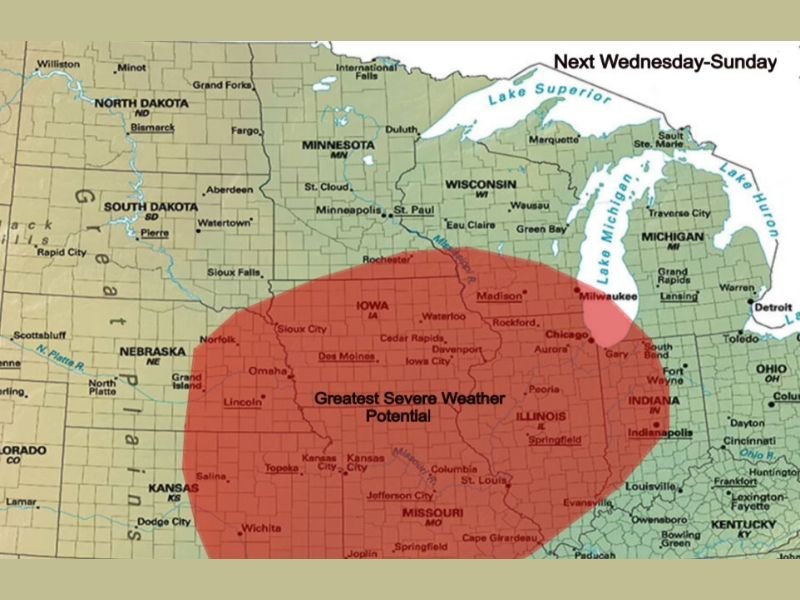 Illinois, Iowa, Missouri, Indiana, Kansas, Nebraska Multi Day Severe Weather Threat Builds From Chicago to Kansas City Through Late Week Stretch