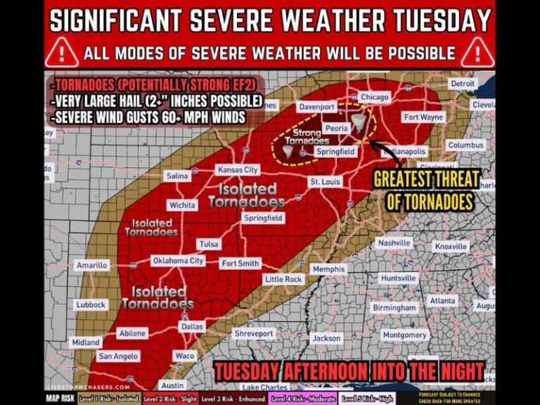 Illinois, Missouri, Iowa Brace for Significant Severe Weather Tuesday as Strong Tornadoes, Large Hail, and Damaging Winds Threaten Mid-Mississippi Valley