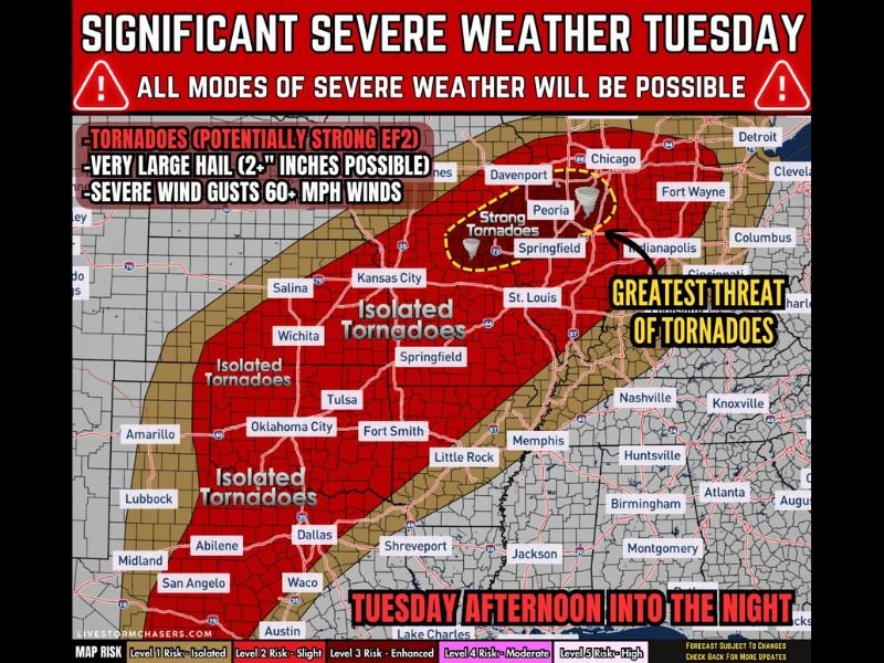 Illinois, Missouri, Iowa Brace for Significant Severe Weather Tuesday as Strong Tornadoes, Large Hail, and Damaging Winds Threaten Mid-Mississippi Valley