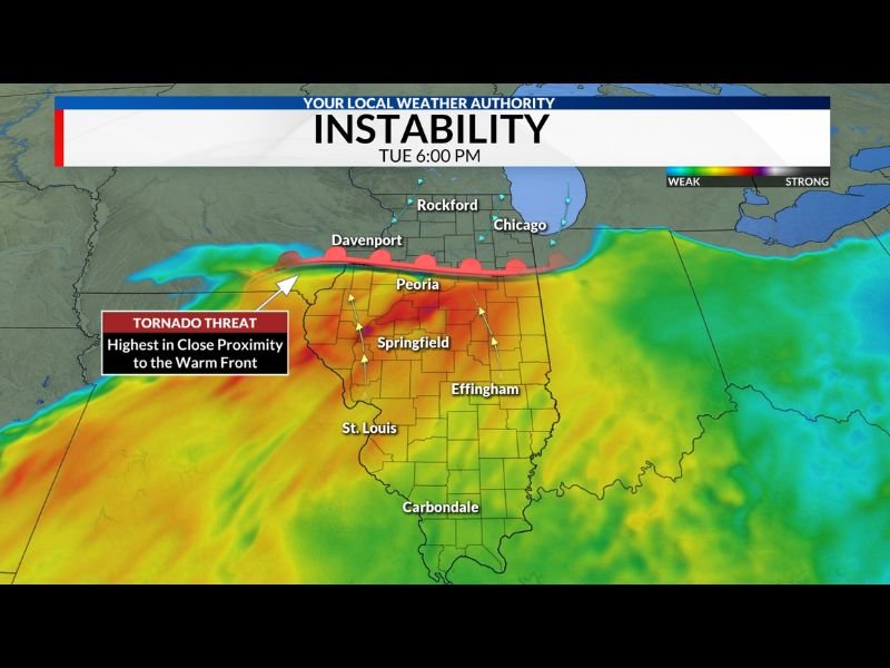 Illinois Severe Weather Setup: Warm Front Near Peoria and Springfield Could Determine Tornado Risk Tuesday Evening