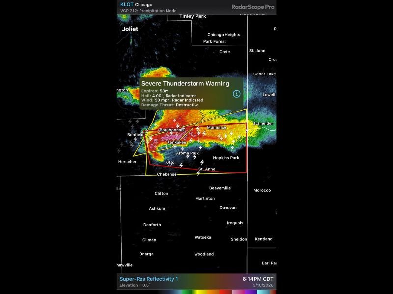 Illinois Supercell Triggers Severe Thunderstorm Warning With 4-Inch Hail Threat Near Kankakee, Bourbonnais, Momence, and St. Anne