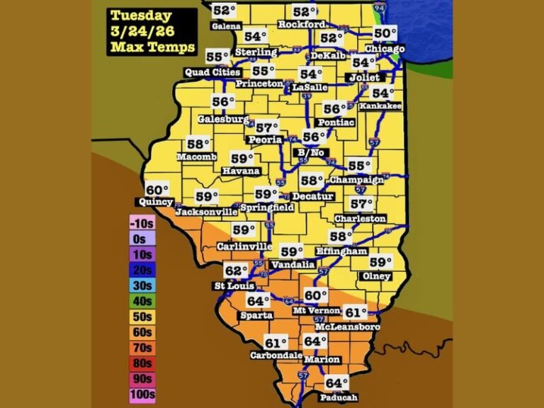 Illinois Tuesday Forecast Brings Calm 50s Statewide With Southern Cities Reaching 60s Before 70s Wednesday and 80s Thursday Warm Surge