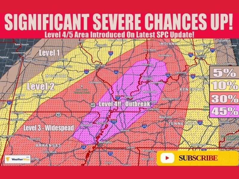 Illinois and Indiana Brace for Significant Severe Storm Threat Sunday as Level 4 Outbreak Risk Extends Into Arkansas and Tennessee