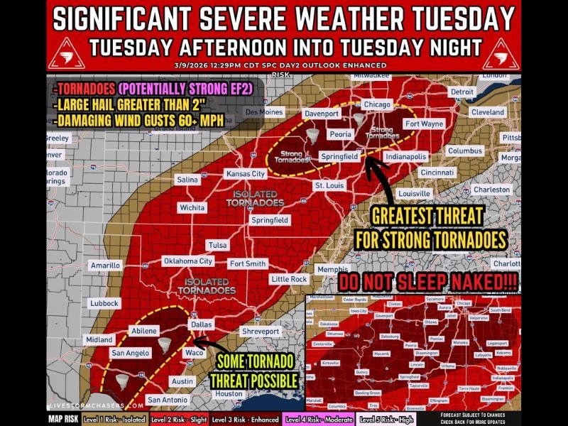 Illinois and Midwest Severe Weather Alert: Strong Tornadoes, Giant Hail and 60+ MPH Winds Possible Tuesday Afternoon Into Overnight