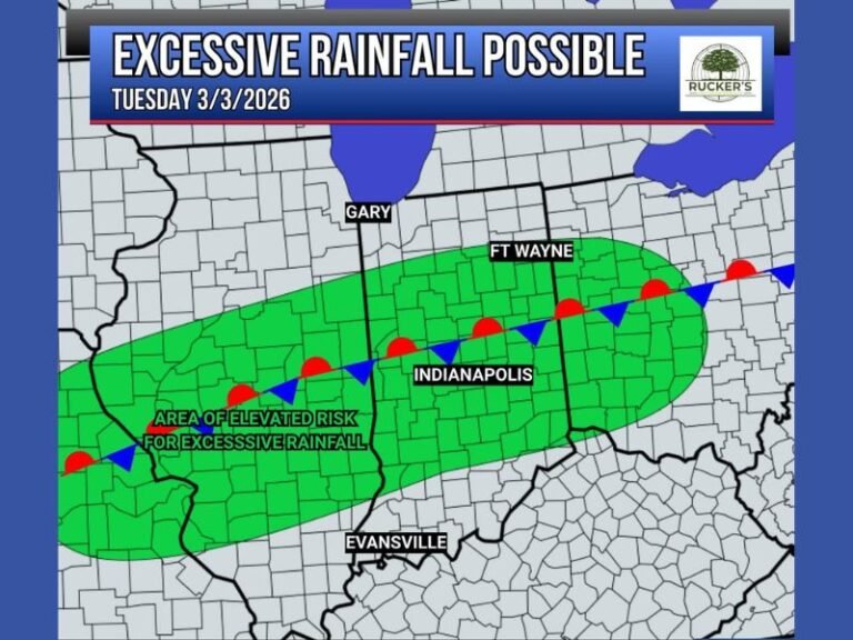 Indiana Faces Elevated Flooding Risk This Week as 1–3 Inches of Rainfall Expected Statewide, With Some Areas Near Indianapolis and Fort Wayne Approaching 4–5 Inches