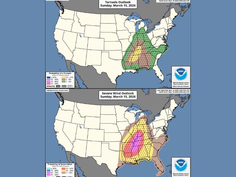 Indiana and Illinois Face Dangerous Sunday Night Storm Setup as Tornado Risk Expands From Arkansas and Tennessee Into the Ohio Valley