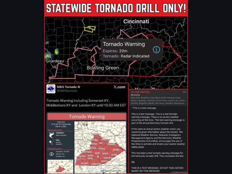 Kentucky Residents Receive Tornado Warning Alert During Statewide Drill — Officials Confirm It Was Only a Test, No Real Threat