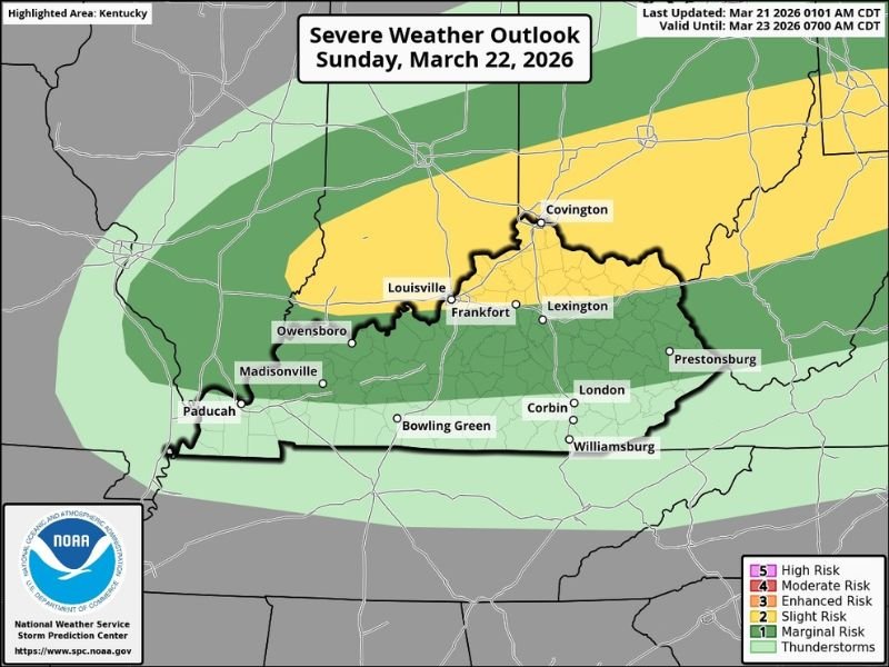 Kentucky Severe Storm Risk Targets Louisville Lexington Covington With Tornado Wind and Hail Threat After 8PM Sunday Night