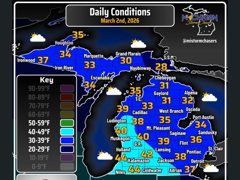 Michigan Warms Into the 40s in Grand Rapids and Kalamazoo While Upper Peninsula Stays in the 20s and 30s With Gusty Winds on March 2