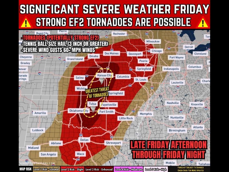 Missouri, Kansas, and Oklahoma Face High Tornado Risk Friday as Forecasters Warn of EF2 Tornadoes, 3-Inch Hail, and 60+ MPH Winds