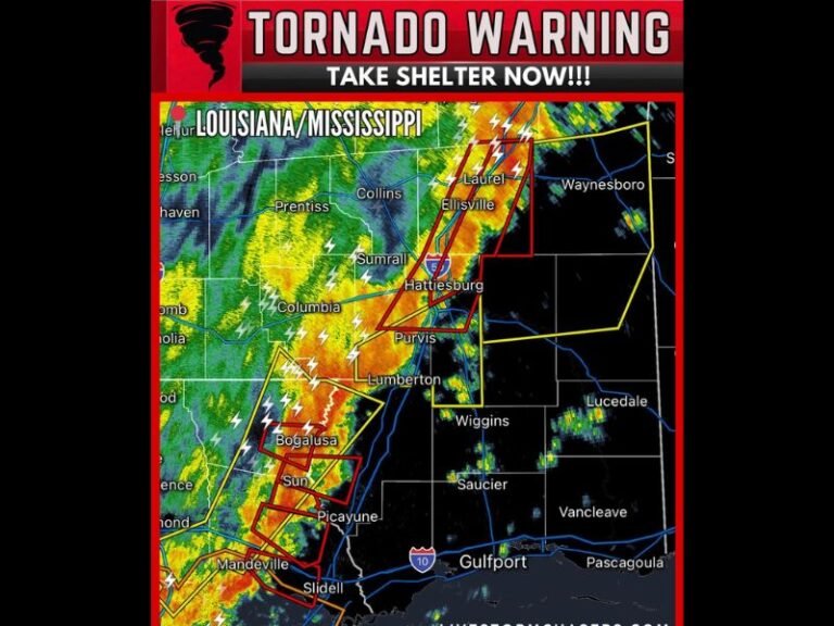 Multiple Tornadoes Reported Across Southern Mississippi and Southeast Louisiana as Dangerous Storm Line Moves Toward Hattiesburg, Laurel, and Bogalusa