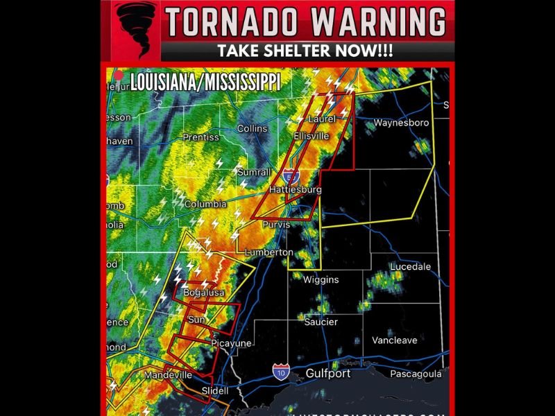 Multiple Tornadoes Reported Across Southern Mississippi and Southeast Louisiana as Dangerous Storm Line Moves Toward Hattiesburg, Laurel, and Bogalusa