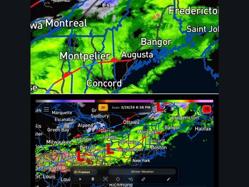 New York, Vermont, New Hampshire, Maine Rain Showers Spread From Syracuse, Albany Into Bangor With Freezing Rain Risk North Overnight