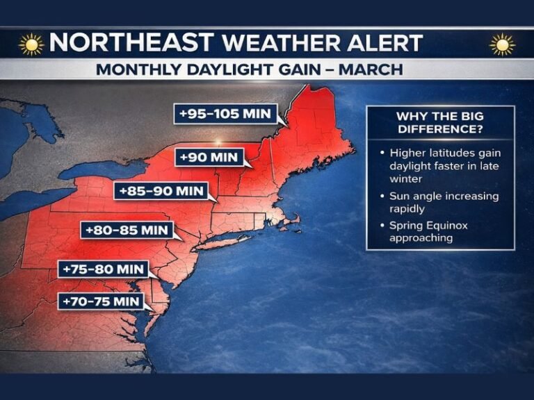 Northeast and Mid-Atlantic Set to Gain Up to 105 Minutes of Daylight in March as Spring Equinox and Daylight Saving Time Accelerate Seasonal Shift