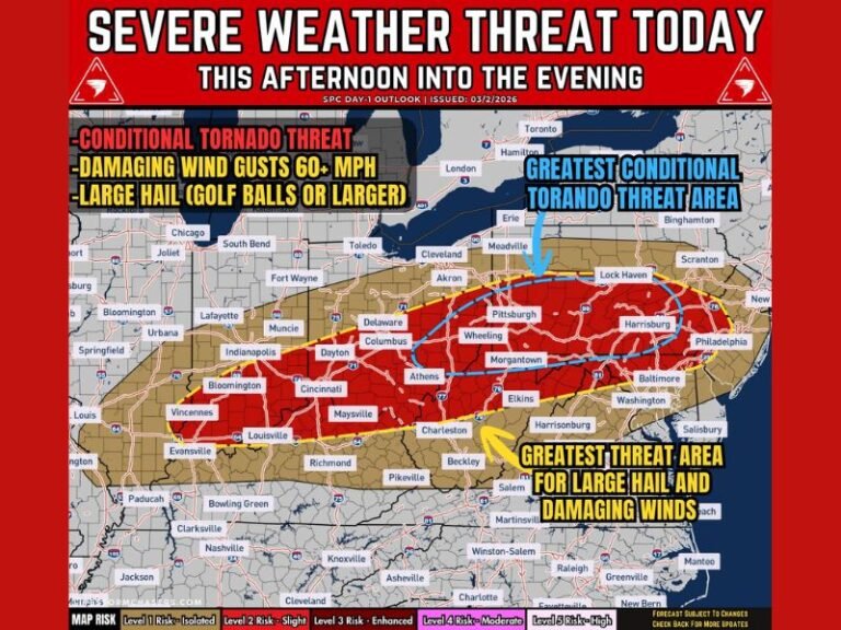 Ohio Pennsylvania West Virginia Maryland Indiana Severe Weather Threat Today Brings 60 MPH Winds Golf Ball Hail and Conditional Tornado Risk Across I 70 Corridor