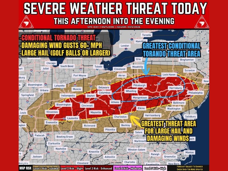 Ohio Pennsylvania West Virginia Maryland Indiana Severe Weather Threat Today Brings 60 MPH Winds Golf Ball Hail and Conditional Tornado Risk Across I 70 Corridor