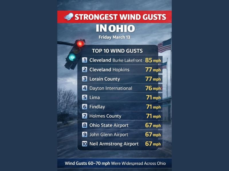 Ohio Records One of Its Windiest Days in Years as 85 MPH Gust Hits Cleveland and 70 MPH Gusts Sweep Cities Across the State