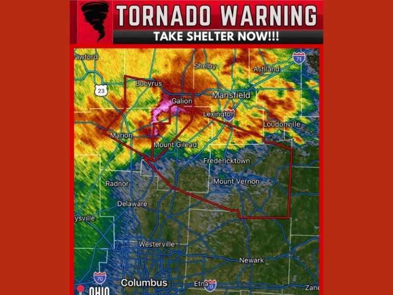 Ohio Tornado Warning Near Cardington Mount Gilead Storm Races Toward Mansfield and Mount Vernon at 65 MPH With Rotation Detected