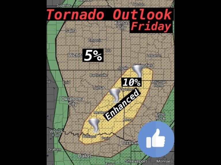 Oklahoma, Arkansas and Northeast Texas Severe Weather Alert: Tornado Risk Rising From Denison and McAlester Through Fayetteville Toward Springfield Friday Evening