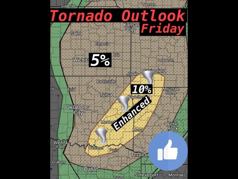 Oklahoma, Arkansas and Northeast Texas Severe Weather Alert: Tornado Risk Rising From Denison and McAlester Through Fayetteville Toward Springfield Friday Evening