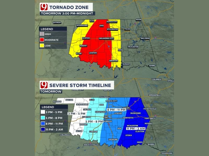 Oklahoma Faces Dangerous Tornado Zone Wednesday With Supercells Bringing Golf Ball Size Hail 75 MPH Winds and Evening Tornado Risk From Lawton to Oklahoma City