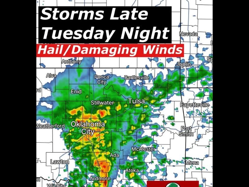 Oklahoma Storm Alert: Late-Night Thunderstorms Could Bring Large Hail and Damaging Winds From Oklahoma City Toward Tulsa Overnight