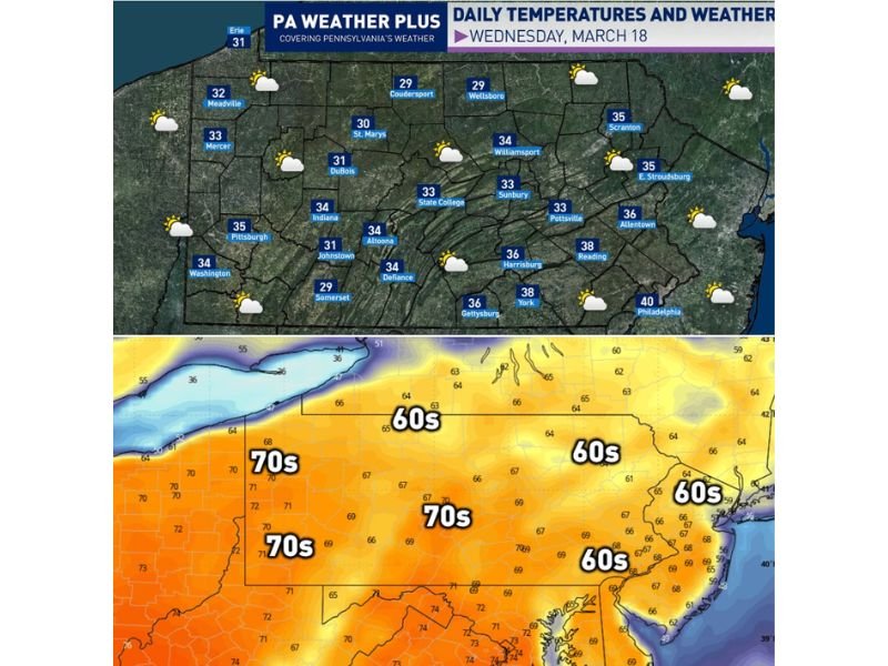 Pennsylvania Sees Chilly 30s From Pittsburgh to Philadelphia Before Major Warm-Up Pushes State Into 60s and 70s by Weekend