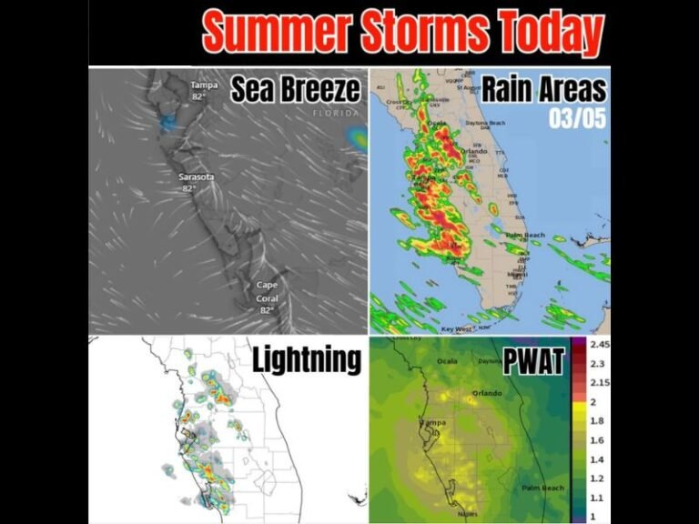 Sea Breeze Storms Could Trigger Thunderstorms and Lightning Across Florida’s Gulf Coast Near Tampa, Sarasota, and Naples Today