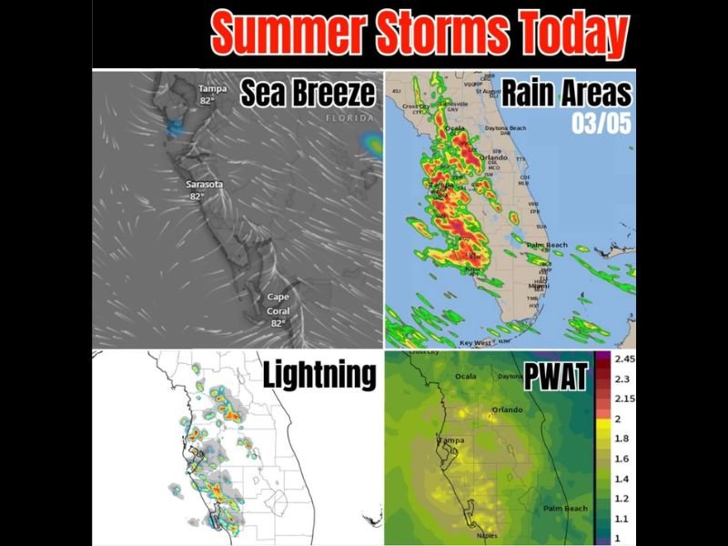 Sea Breeze Storms Could Trigger Thunderstorms and Lightning Across Florida’s Gulf Coast Near Tampa, Sarasota, and Naples Today