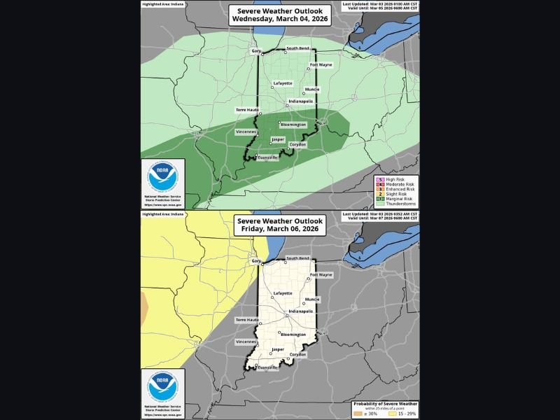 Severe Weather Risk Increases Across Indiana From Gary and South Bend to Indianapolis and Bloomington, With Hail Threat Wednesday and Stronger Storms Possible Friday