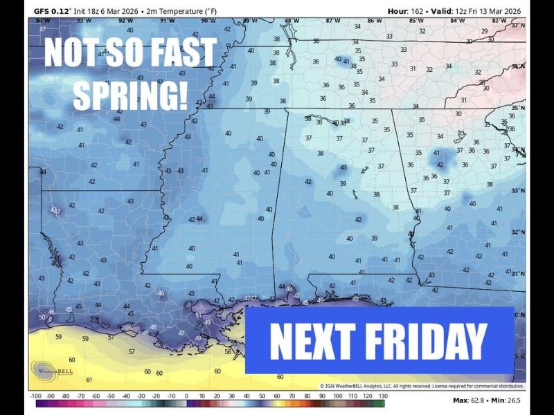 Spring Pause Ahead: Temperatures Across Mississippi, Alabama, Georgia and the Gulf Coast Could Drop Back Into the 30s and 40s by Next Friday