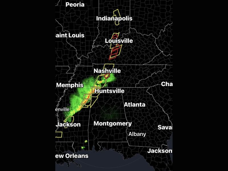 Tennessee and Kentucky Severe Thunderstorms With Tornado Warnings Near Nashville and Louisville Move Toward Indiana Overnight
