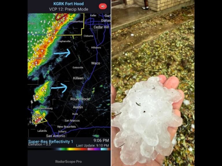 Texas Severe Storm Line Produces Grapefruit-Size Hail in Hill Country as Thunderstorms Push Toward Waco, Temple, and Killeen