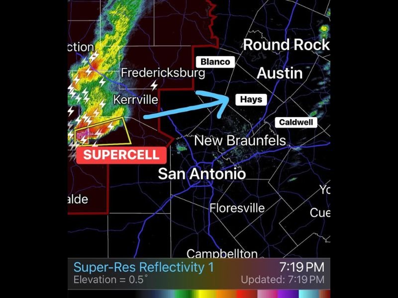 Texas Supercell Produces Massive 4.5-Inch Grapefruit Hail in Real County, Storm Tracks Toward Gillespie, Blanco, and Hays Counties Near Austin
