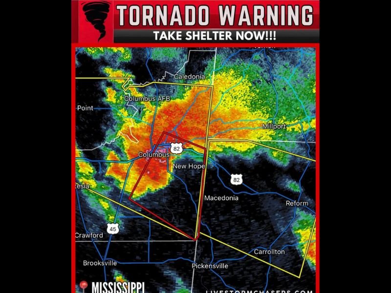 Tornado Warning in Mississippi: Storm Near Columbus Moving Toward New Hope at 25 MPH Prompts Immediate Shelter Alert