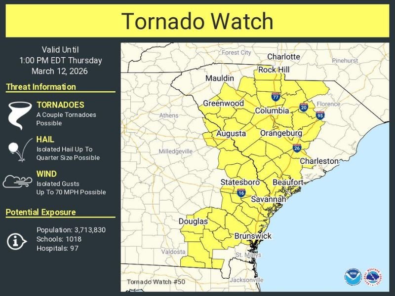 Tornado Watch Issued Across Georgia and South Carolina Until 1 PM as Storm Line Threatens Damaging Winds and Possible Tornadoes