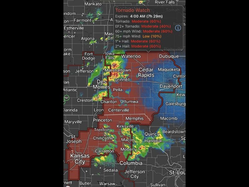 Tornado Watch Issued Across Iowa, Illinois, Missouri and Kansas Until 4 AM as Storms Near Des Moines, Cedar Rapids and Kansas City Raise Tornado Threat