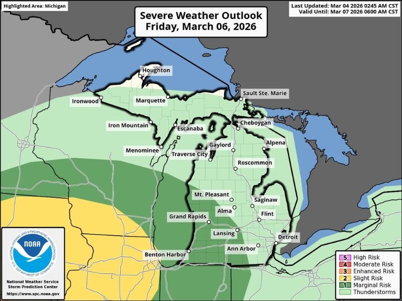 Western Lower Michigan Placed Under Marginal Severe Weather Risk Friday Night as Storm Chances Increase After Dark