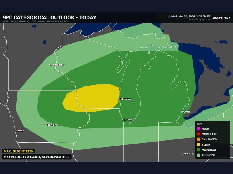 Wisconsin, Illinois, Iowa and Michigan Enter Severe Weather Zone With Large Hail and Evening Supercell Threat Impacting Over 14 Million People