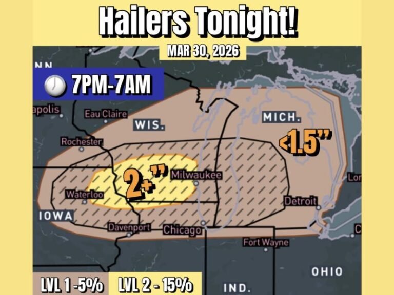 Wisconsin, Iowa, Illinois and Michigan Brace for Overnight Hail Storms With 2 Inch Stones Possible From Milwaukee to Chicago and Detroit