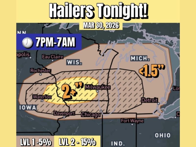 Wisconsin, Iowa, Illinois and Michigan Brace for Overnight Hail Storms With 2 Inch Stones Possible From Milwaukee to Chicago and Detroit