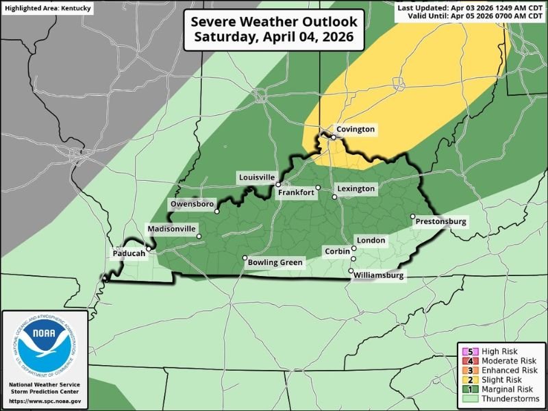 11 AM to 7 PM Saturday: Line of Storms Targets Kentucky With Severe Risk Already Posted Across Region