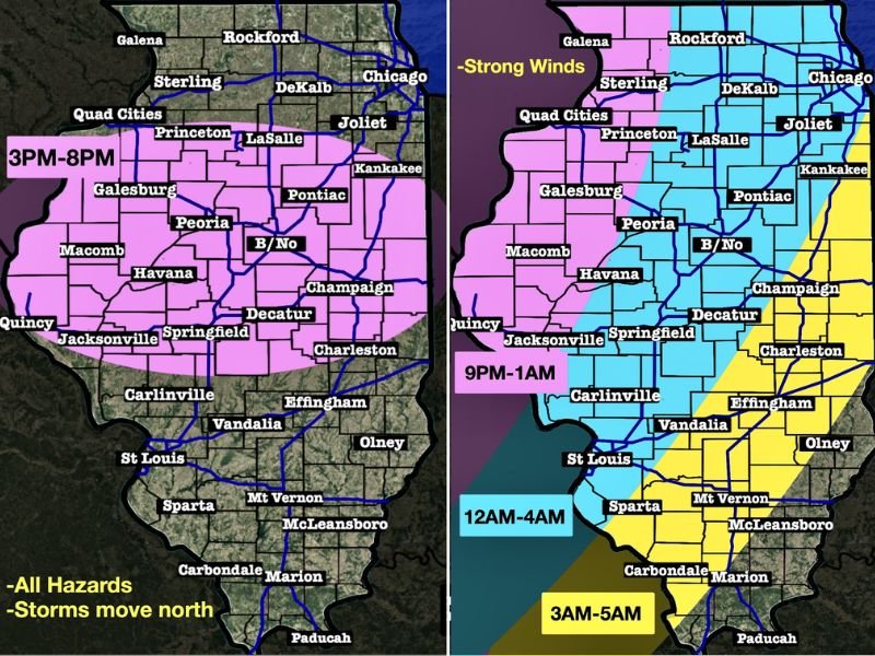 3 PM to 8 PM: First Round of Severe Storms Targets Central Illinois With Tornado, Hail and Wind Risk Before Late-Night Line