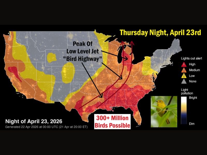 300 Million Birds Expected Over Indiana, Michigan, and Ohio Thursday Night April 23 as Bird Highway Peaks Overhead in Biggest Migration Night of the Season