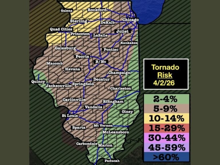 4 PM to 10 PM: Tornado Potential Ranges 2% to 9% Across Illinois With Higher Risk Focus in Northwest Areas