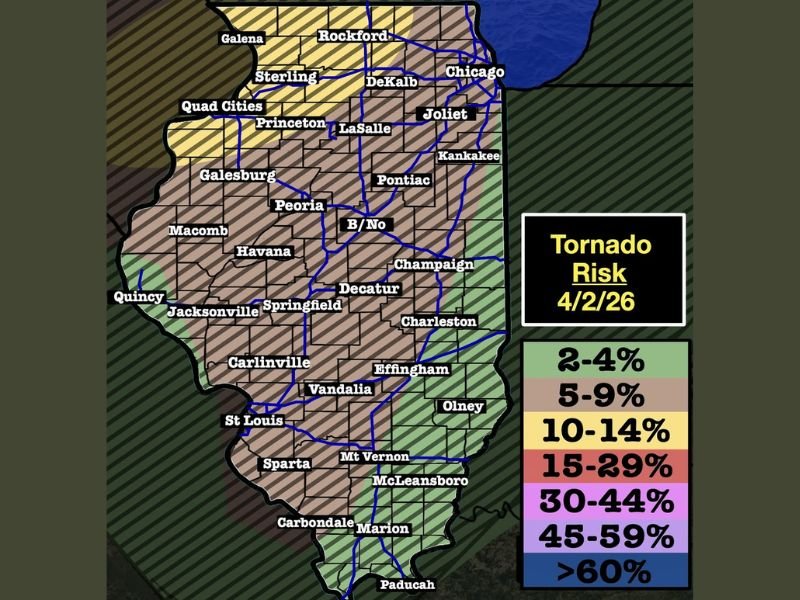 4 PM to 10 PM: Tornado Potential Ranges 2% to 9% Across Illinois With Higher Risk Focus in Northwest Areas