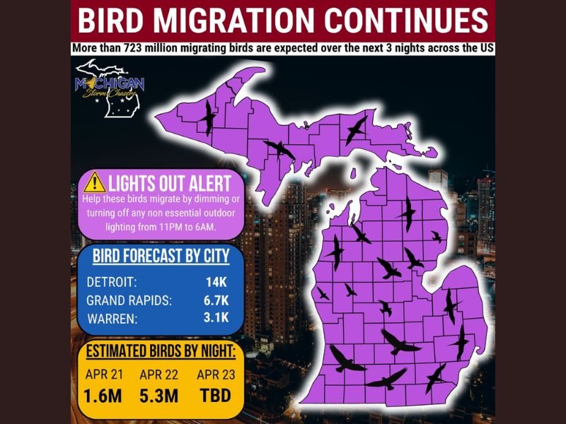 723 Million Birds Migrating Across the US This Week With 5.3 Million Expected Over Michigan Wednesday Night as Lights Out Alert Issued Statewide